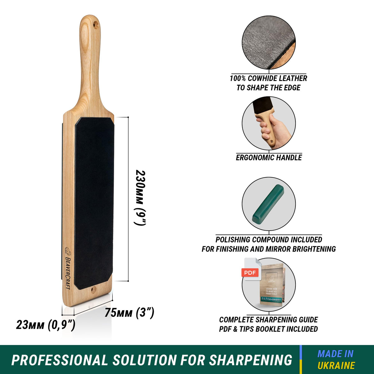 BeaverCraft strop polishing compound enhances edge for precise sharpening.