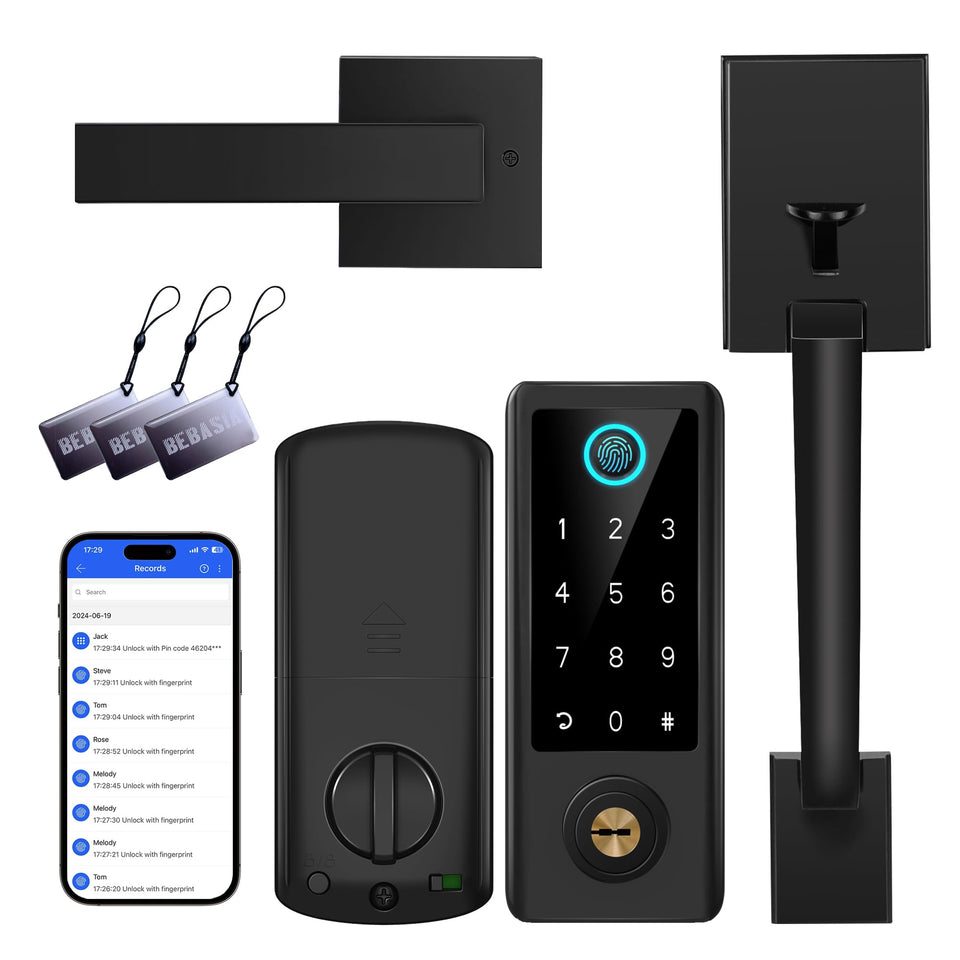 BEBASIA fingerprint lock front-handle-set for quick secure entry.
