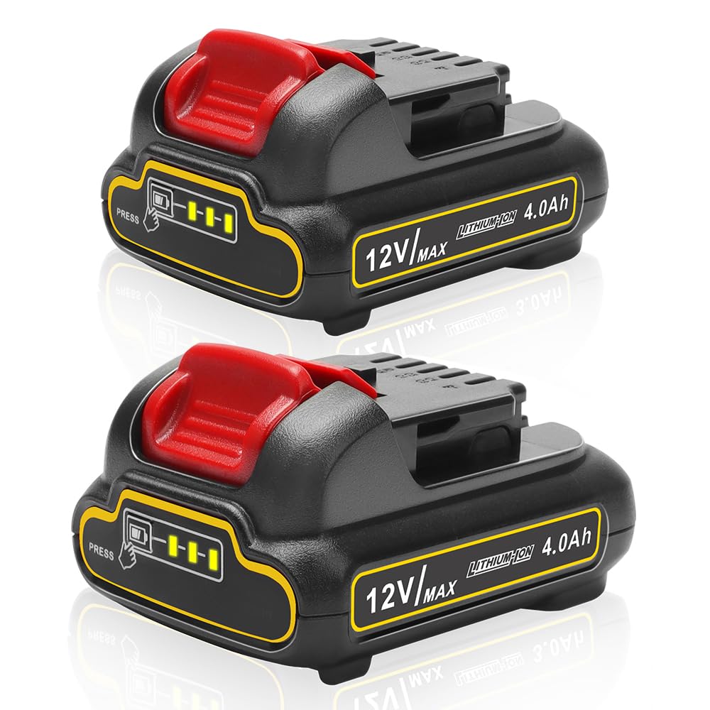 Bebenrama 2Pack 4.0Ah battery with charge indicator for Dewalt 12V Max tools.