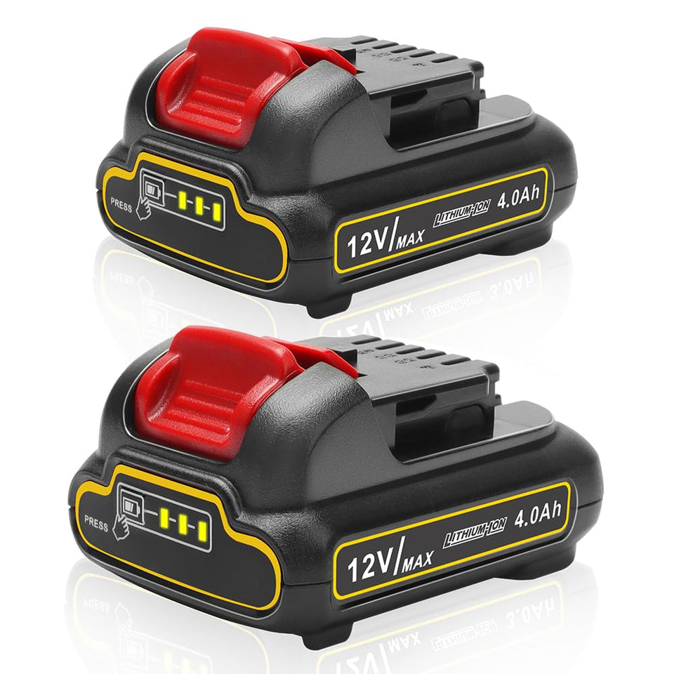 Bebenrama 2Pack 4.0Ah battery with charge indicator for Dewalt 12V Max tools.