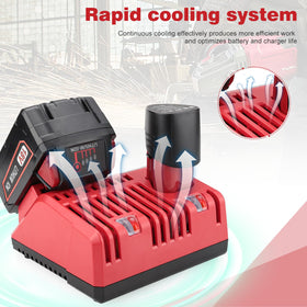 BECDXPal charger demonstrating universal 12V and 18V battery compatibility.