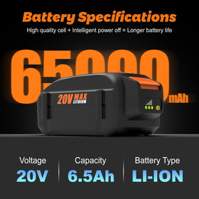 BECDXPal Worx 20V 6500mAh battery side view for balanced power