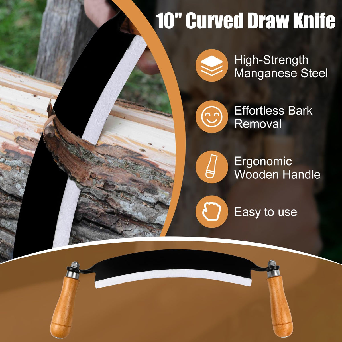 Beendou bark-stripper tool demonstrates center-peel motion for clean shavings.
