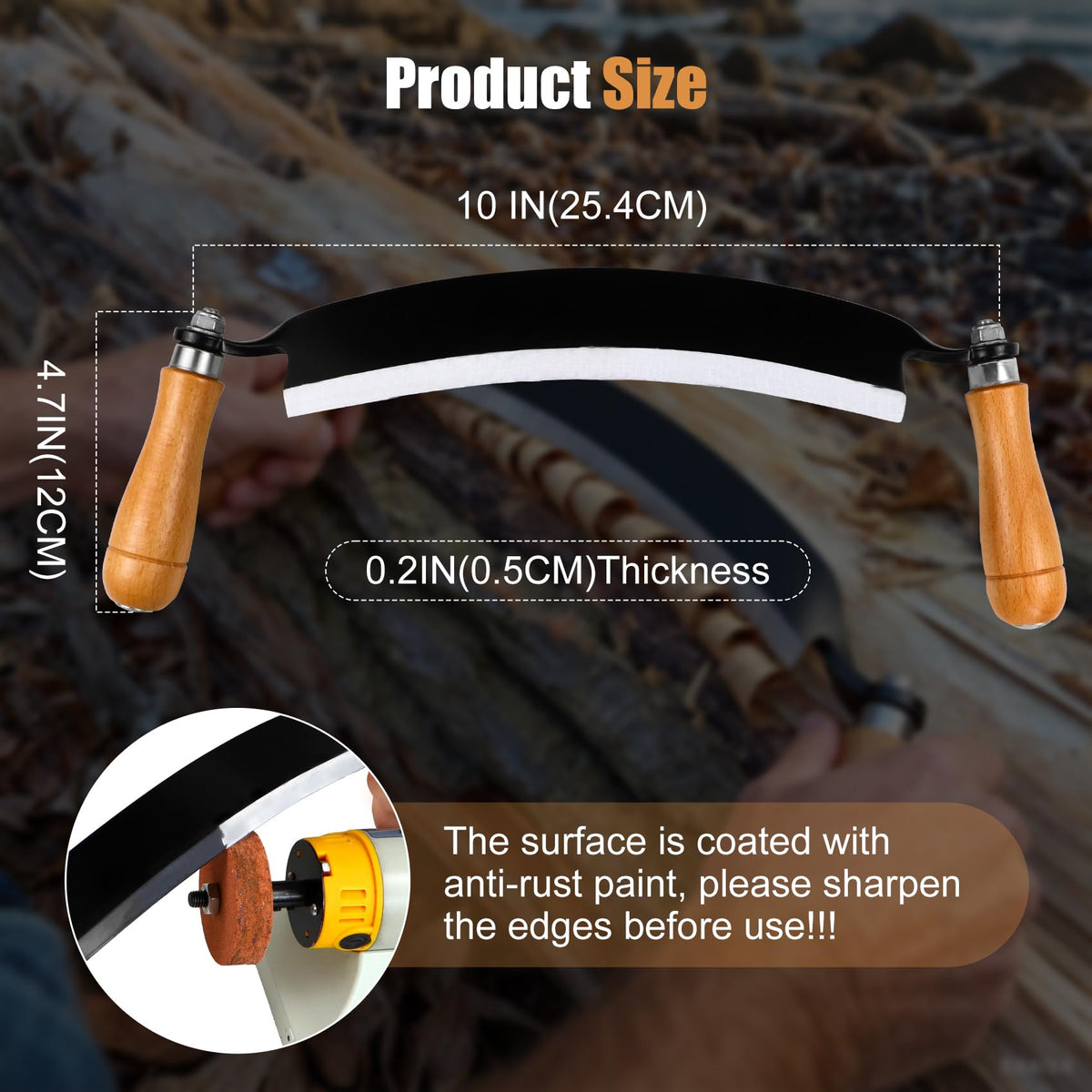 Beendou curved draw knife highlights a 5 cm thick blade and bevel-up use.