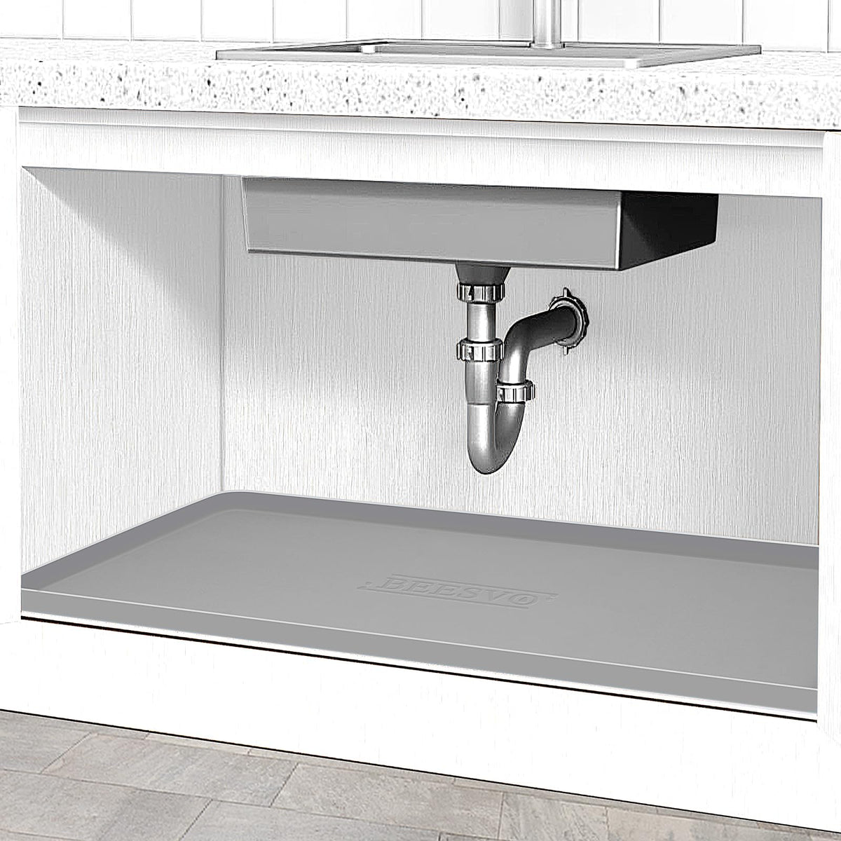 BeesVo under-sink mat shows a 34 x 22 inch silicone waterproof surface protecting kitchen cabinets