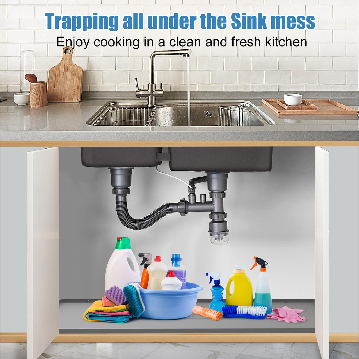 BeesVo under-sink mat edge lip detail highlights a 1-inch raised edge for spills