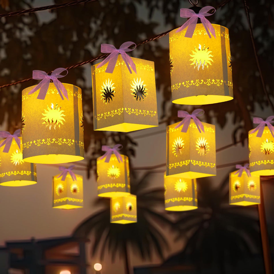 Beeveer Princess Sun lanterns set in purple ready to decorate a vibrant party backdrop.