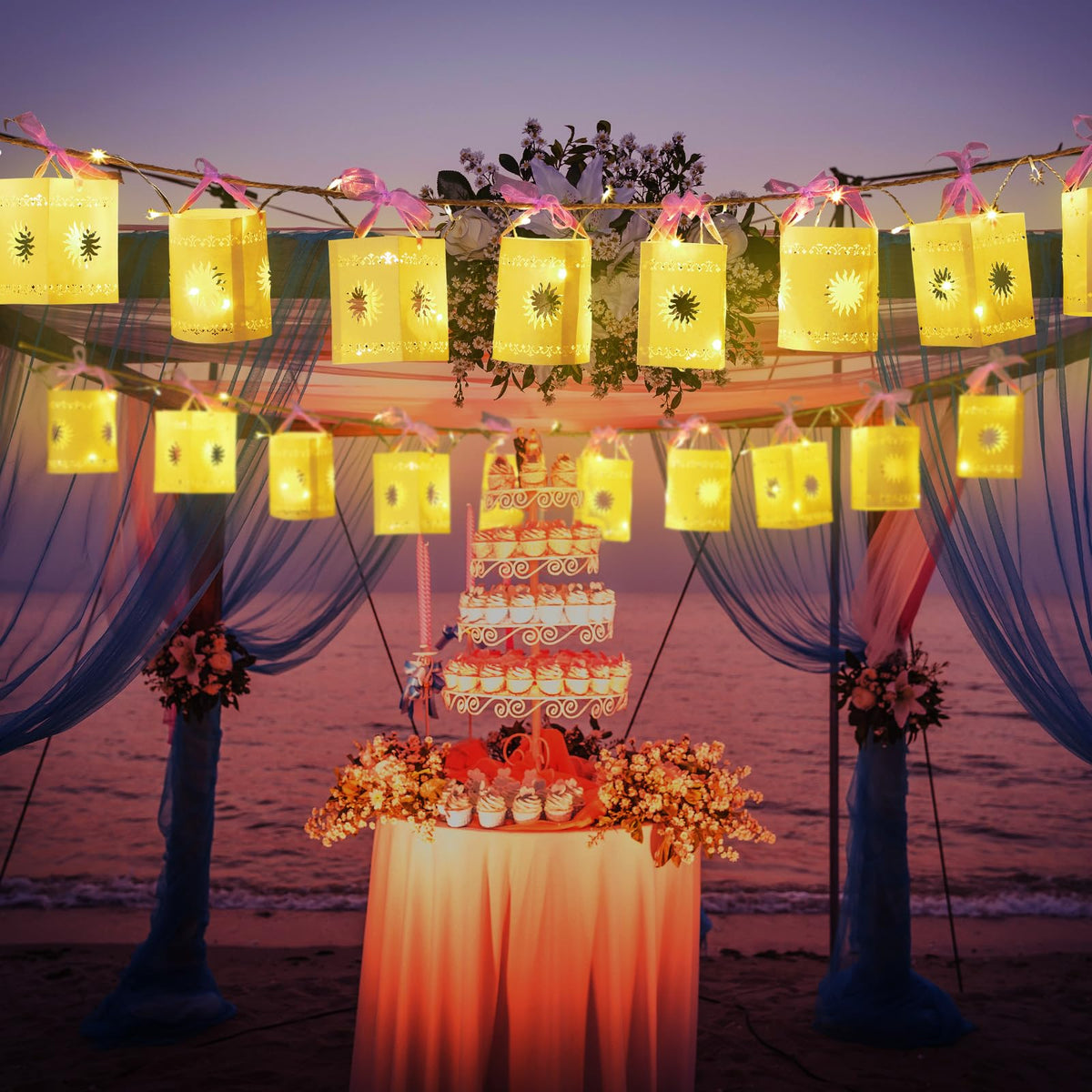 Beeveer Sun cutout lanterns purple create warm decorative patterns for intimate evenings.