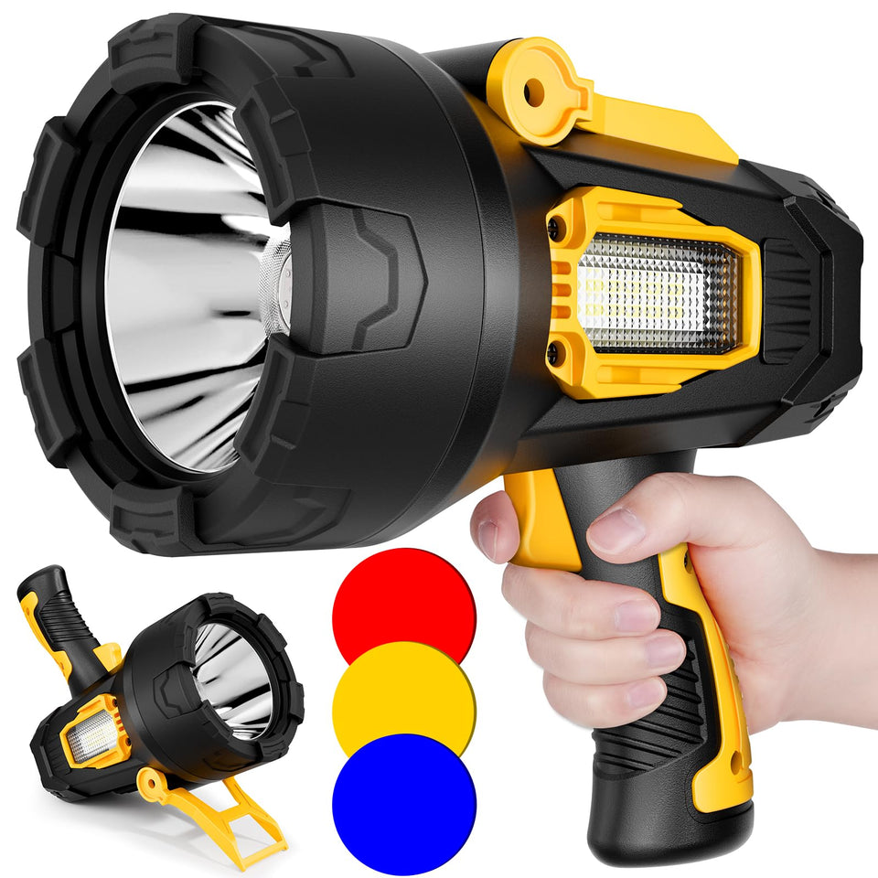 BEFAMALI rechargeable spotlight with foldable tripod for stable outdoor lighting.
