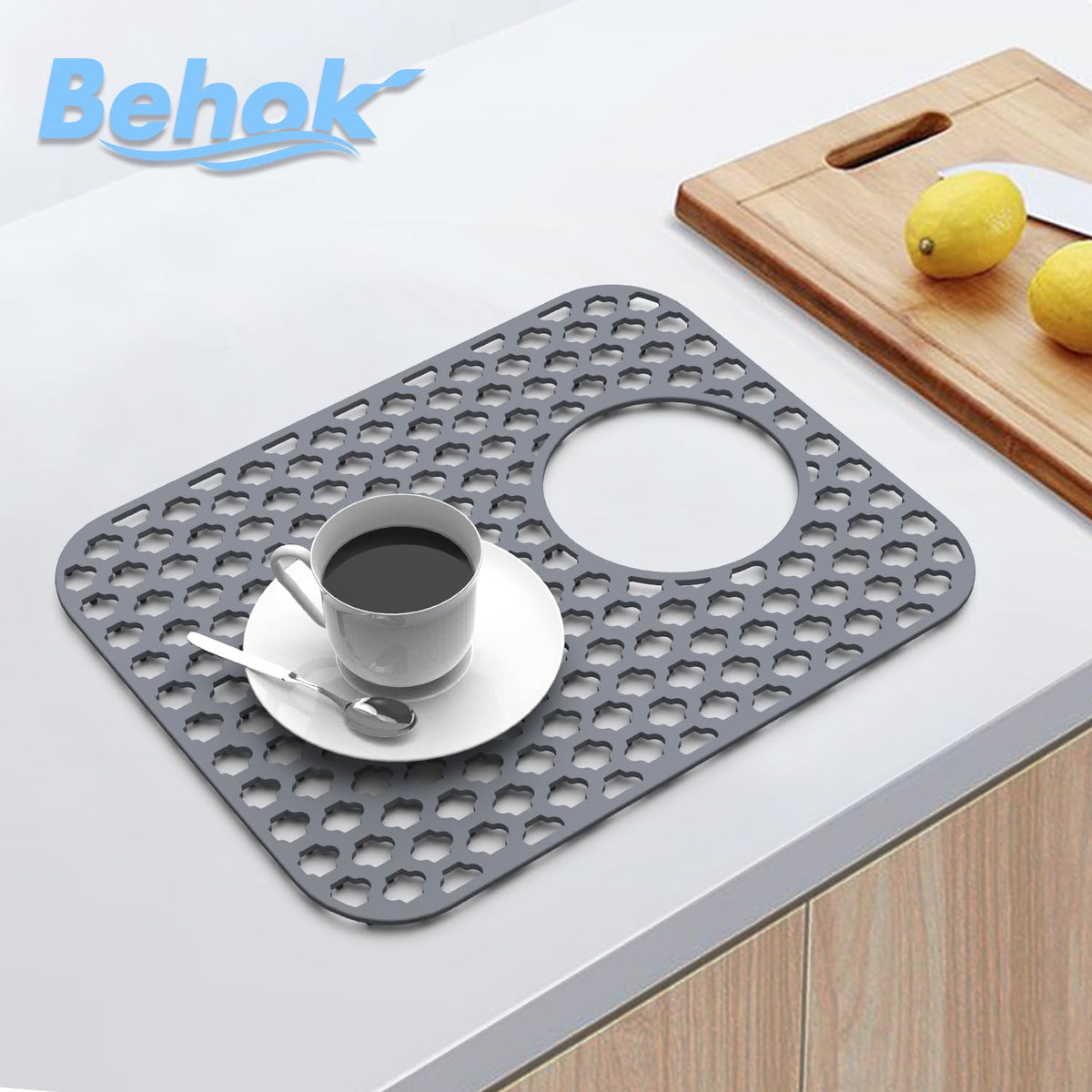 BEHOK silicone sink mat gray rear drain feature for efficient water flow.