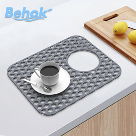 BEHOK silicone sink mat gray rear drain feature for efficient water flow.