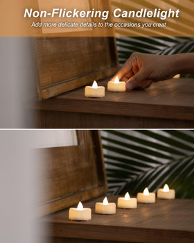 BEICHI 24-pack warm white tea lights with flicker-free ambiance.