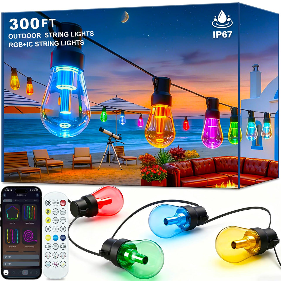 Beizelte 300ft RGBIC outdoor string lights illuminating a garden with vibrant colors