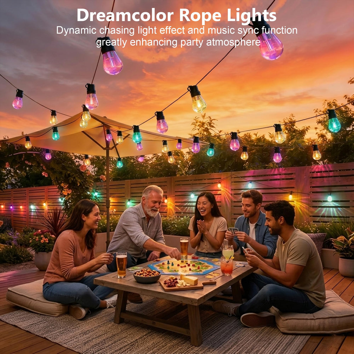 Beizelte dynamic chasing effects create festive backyard ambiance.