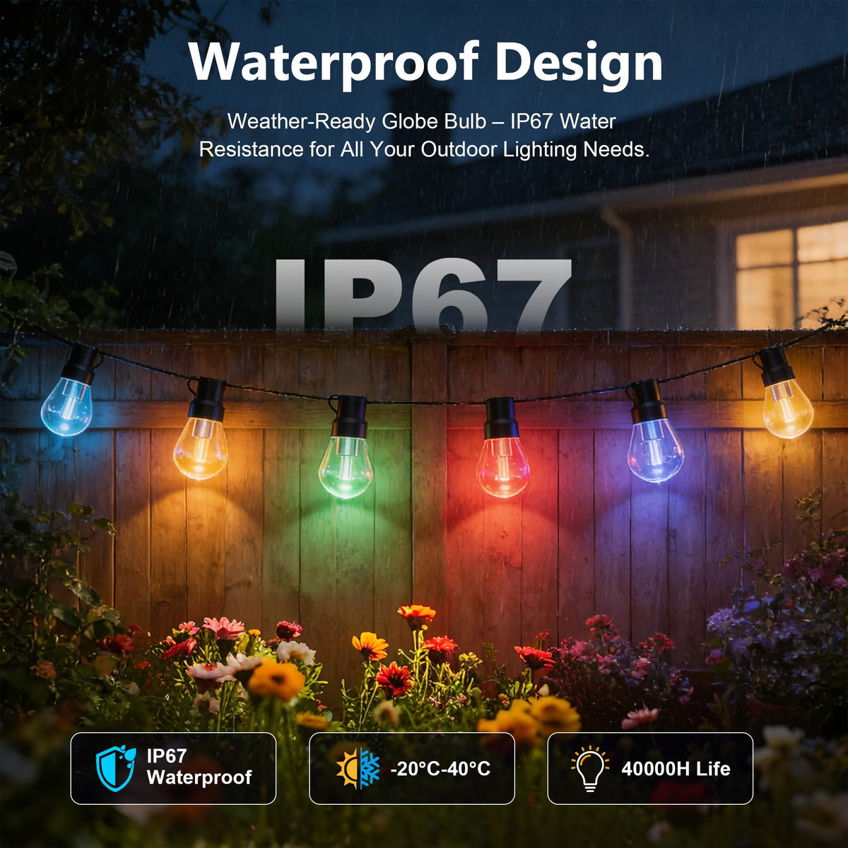 Beizelte IP67 waterproof bulbs endure rain for year-round outdoor use.