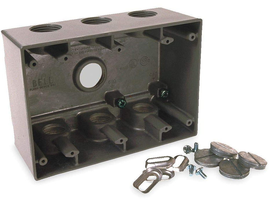 Bell 5390-0 3-gang weatherproof deep box ideal for outdoor wiring and GFCI mounting.