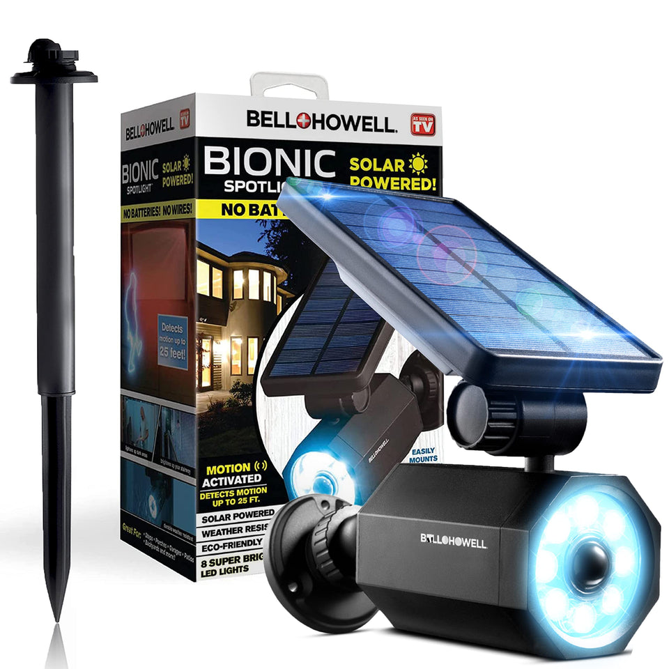 Bell+Howell Bionic Spotlight Deluxe front view highlighting weatherproof exterior for outdoor lighting.