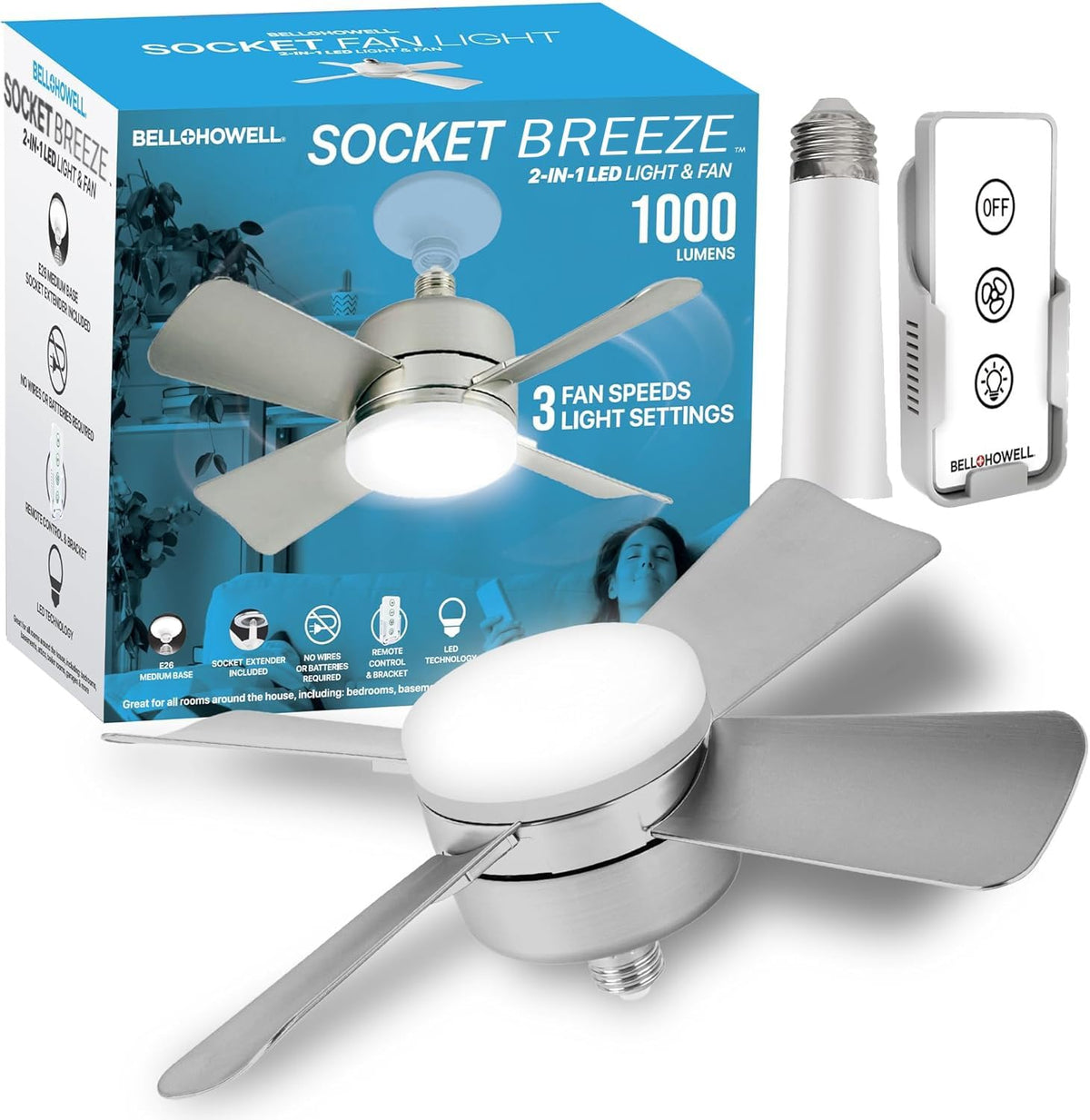 Bell+Howell Socket Breeze ceiling fan with LED light in a bedroom for bright comfort.