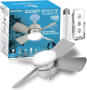 Bell+Howell Socket Breeze ceiling fan with LED light in a bedroom for bright comfort.