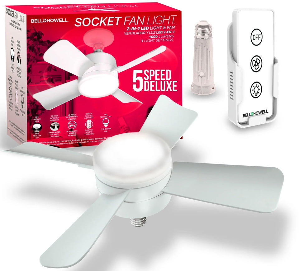 Bell+Howell Socket Breeze Light ceiling fan installed for ambient air and illumination