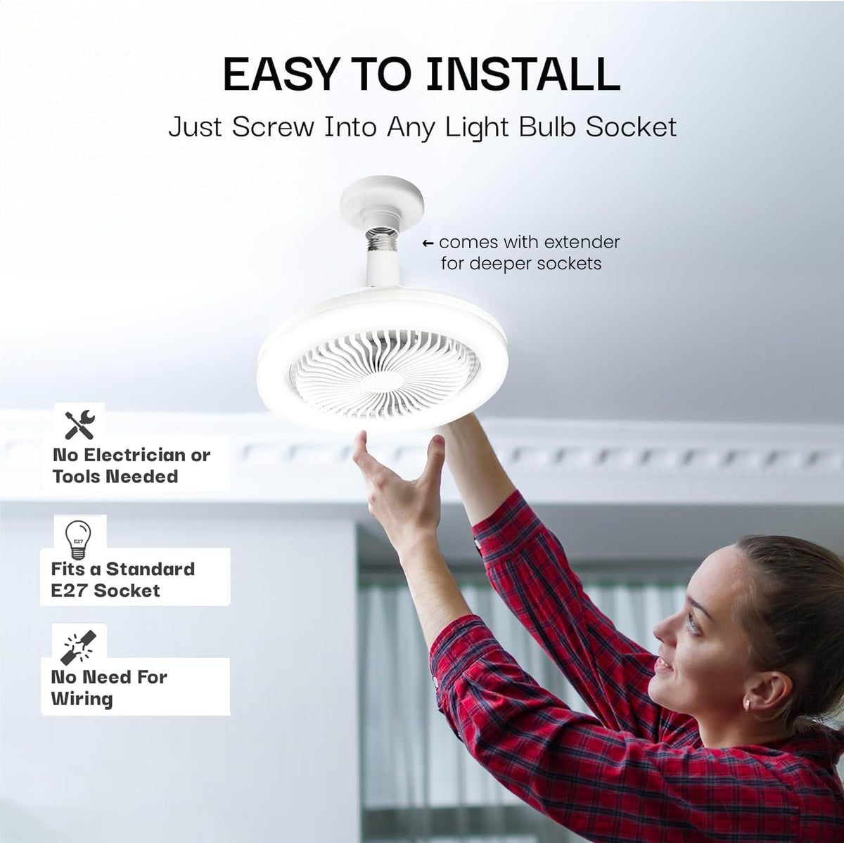 Bell+Howell SocketAir remote control for convenient operation of fan and light.