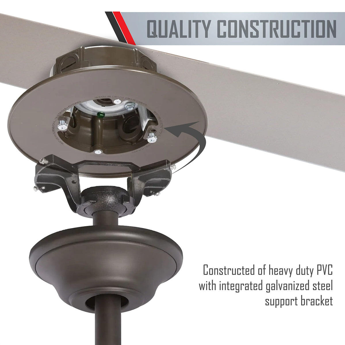 Bell PRCF57550BZ outdoor box during ceiling fan installation on patio demonstrates ease.