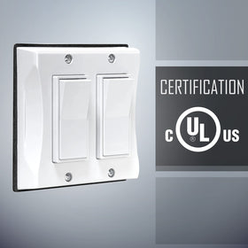 Close-up of rugged aluminum BELL TayMac 5127-1 2-gang cover protecting outdoor switches