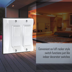 Vertical white BELL TayMac 5127-1 2-gang decorator cover for exterior walls