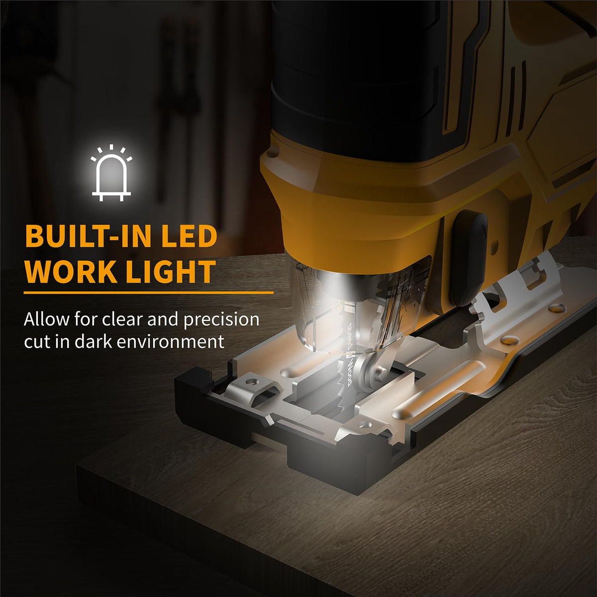 bellaDimora jigsaw tool highlighting built-in LED illuminating the cut line.