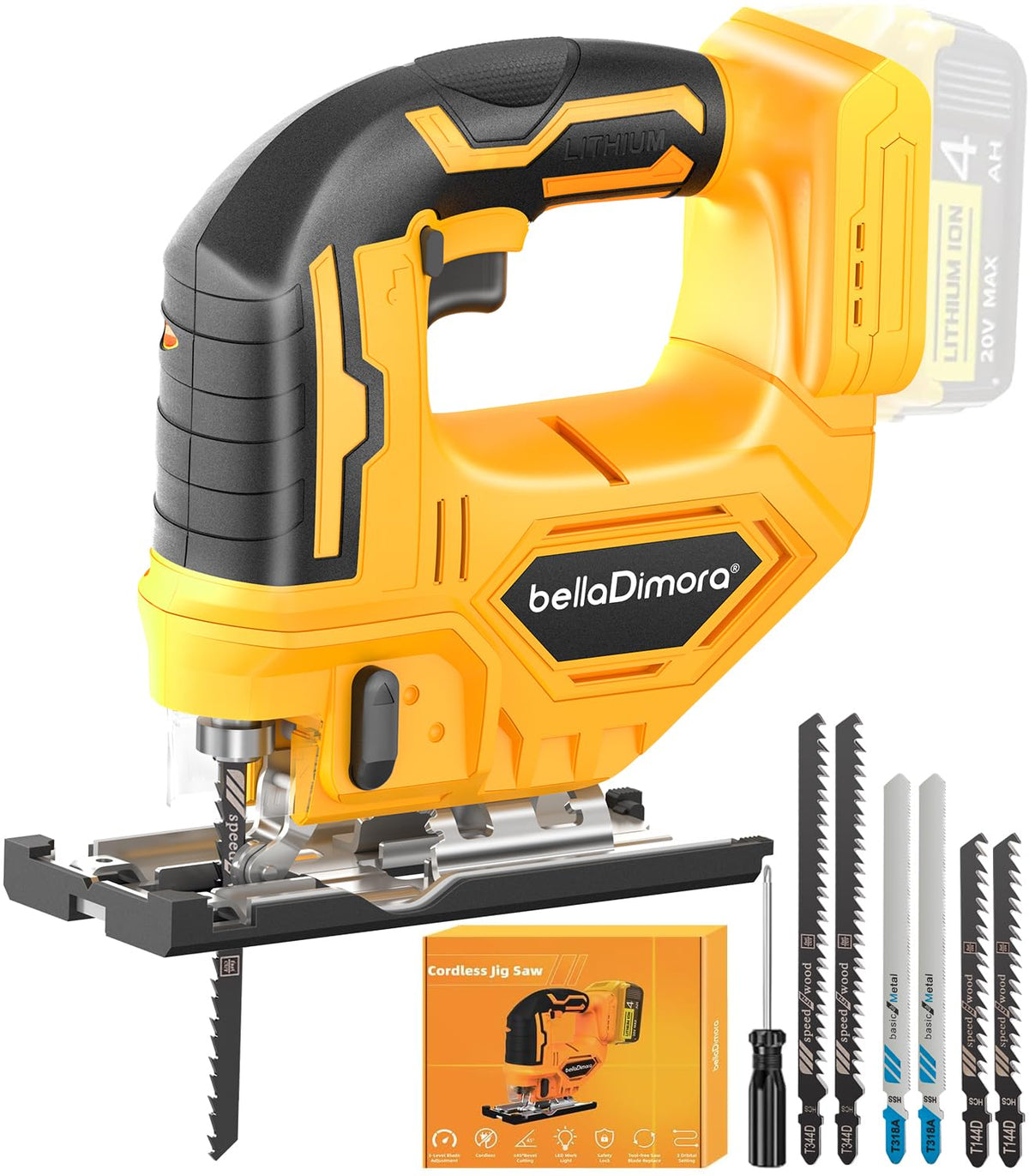 bellaDimora jigsaw tool demonstrates DeWalt 20V battery compatibility for cordless cutting.