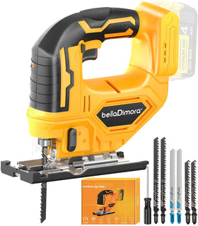 bellaDimora jigsaw tool demonstrates DeWalt 20V battery compatibility for cordless cutting.