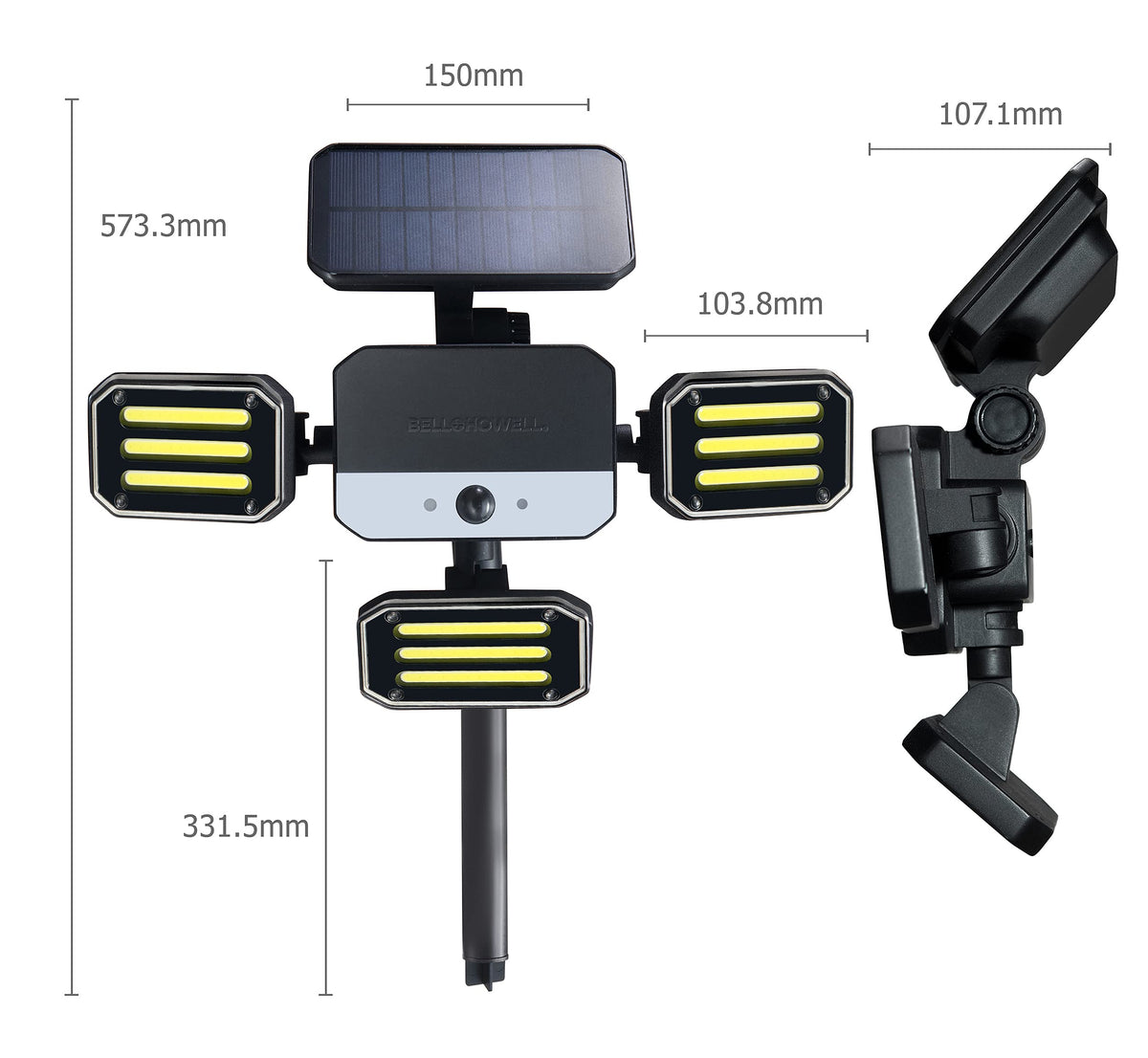 BellHowell Bionic Flood Light product dimensions and specs overview.