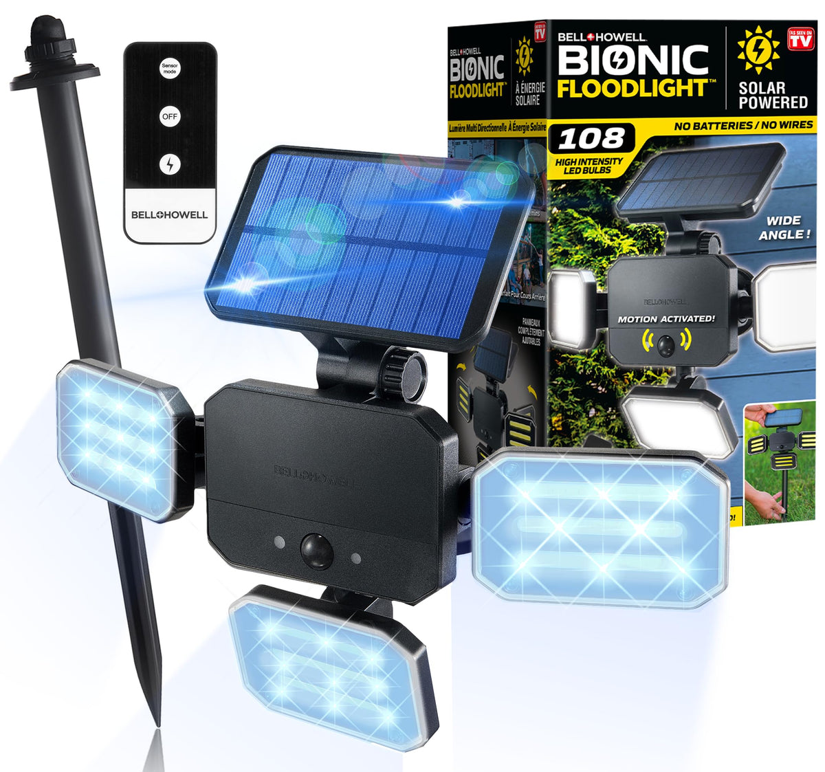 BellHowell Bionic Flood Light panel close-up showing solar cells for efficient daytime charging.