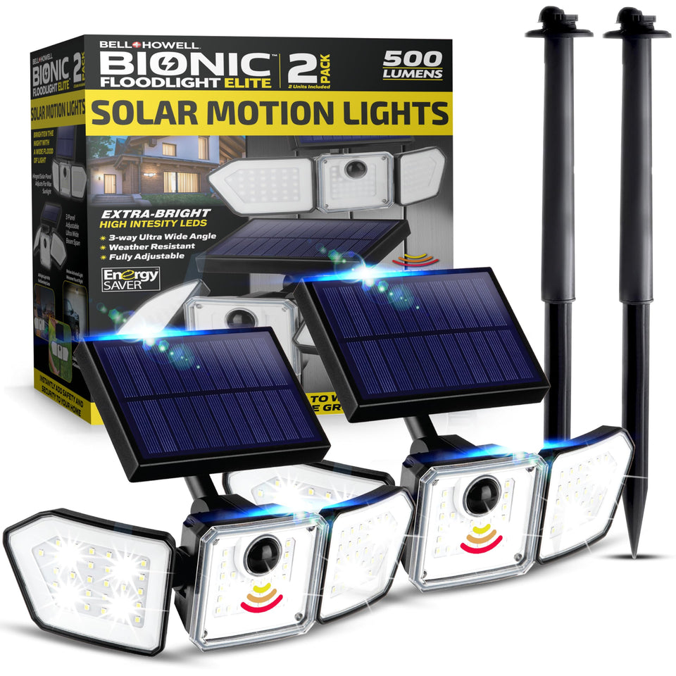 Bell+Howell Bionic Flood Light with three heads wide-angle brightens large outdoor spaces for security.