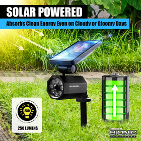 Bell+Howell Bionic Spotlight solar panel closeup highlights durable construction and maintenance-free operation.