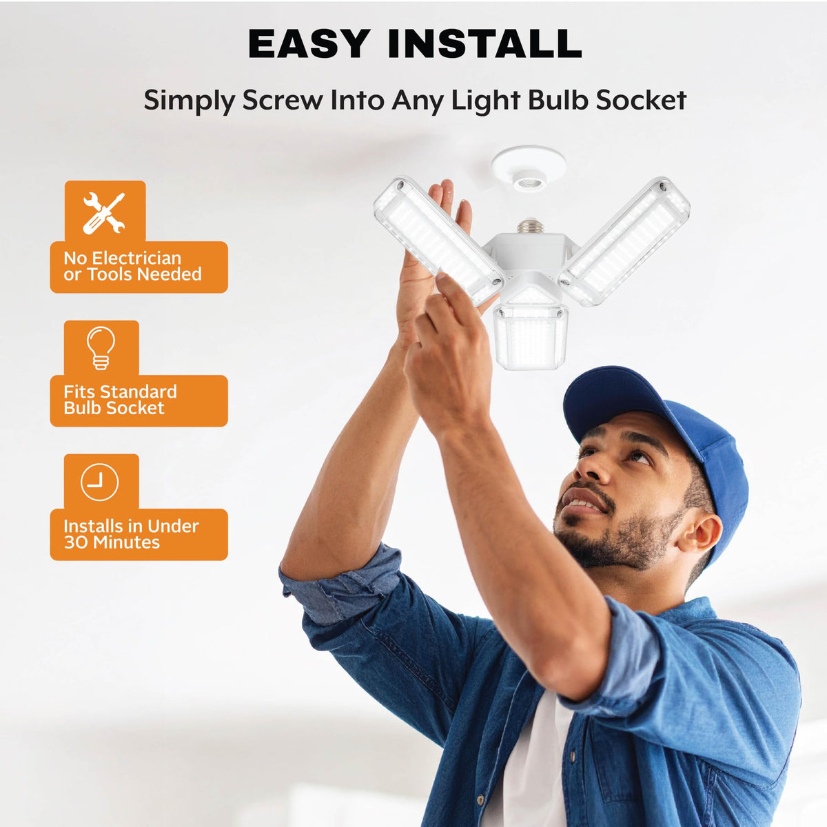 Easy screw-in E26 installation for Bell+Howell HighBurst requires no tools or wiring.