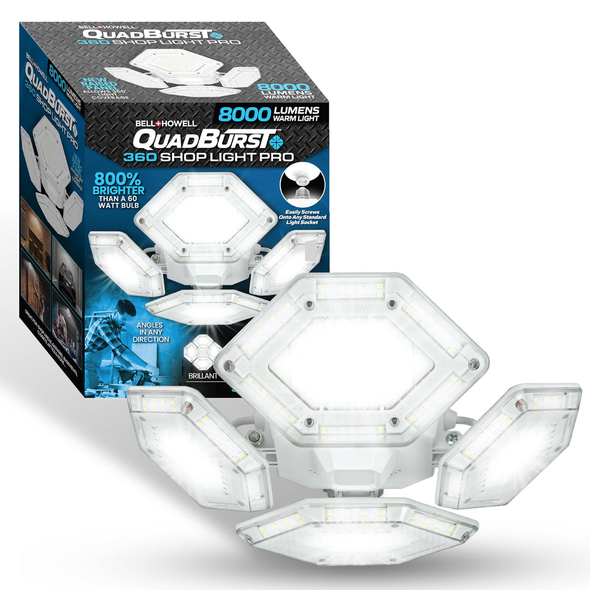 Bell+Howell QuadBurst 360 Shop Light Pro—front view on ceiling, bright workspace illumination