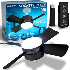 Bell+Howell Socket Breeze Deluxe LED light and ceiling fan illuminate a room with bright airflow.