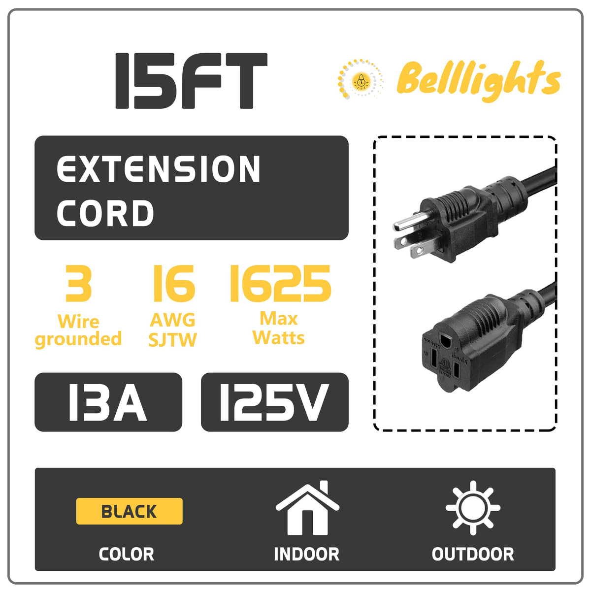 Belllights space-saving extension cord fits tight outlets without blocking adjacent sockets.