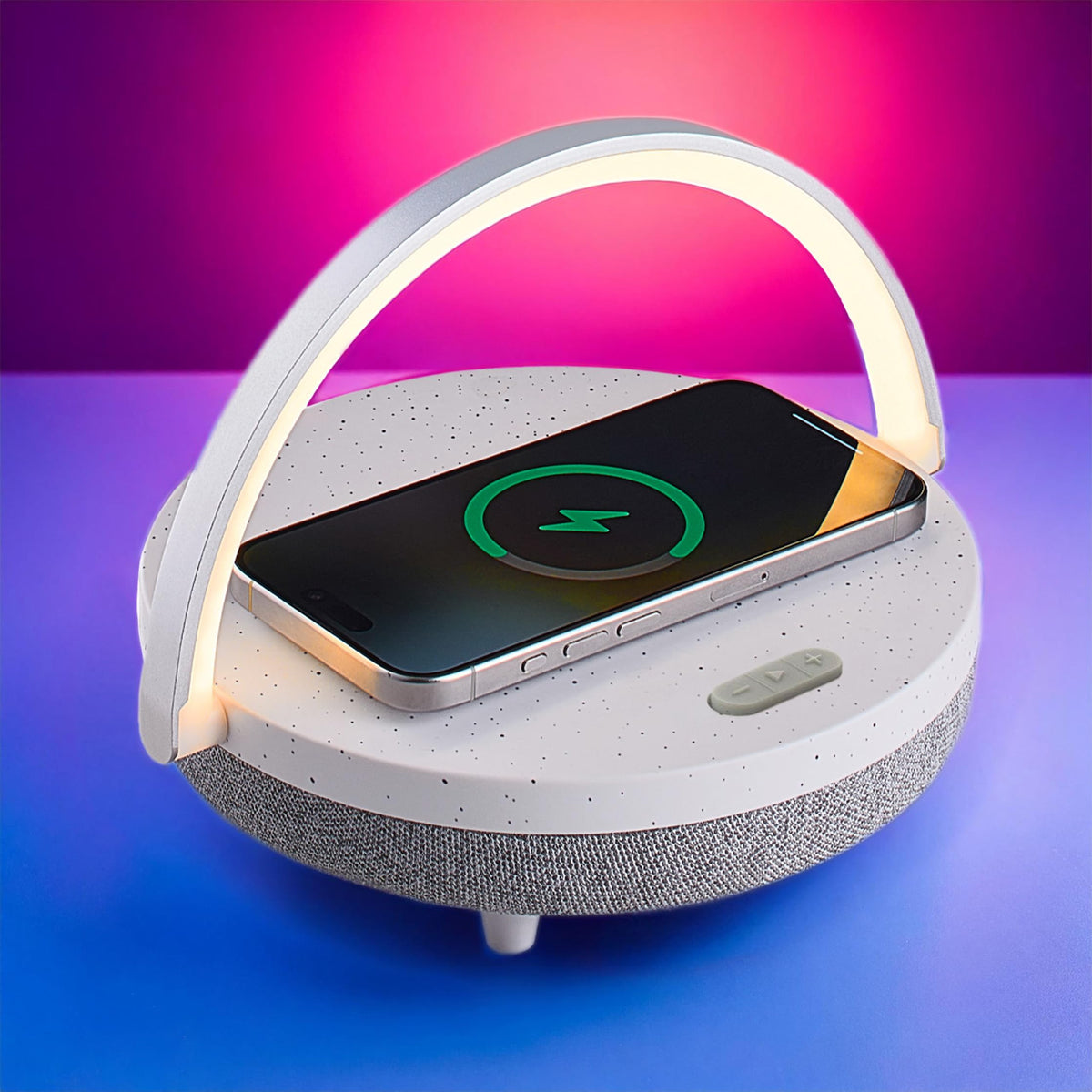 BELMAK bedside lamp wireless charger top image showing Qi charge for easy nightly recharging.