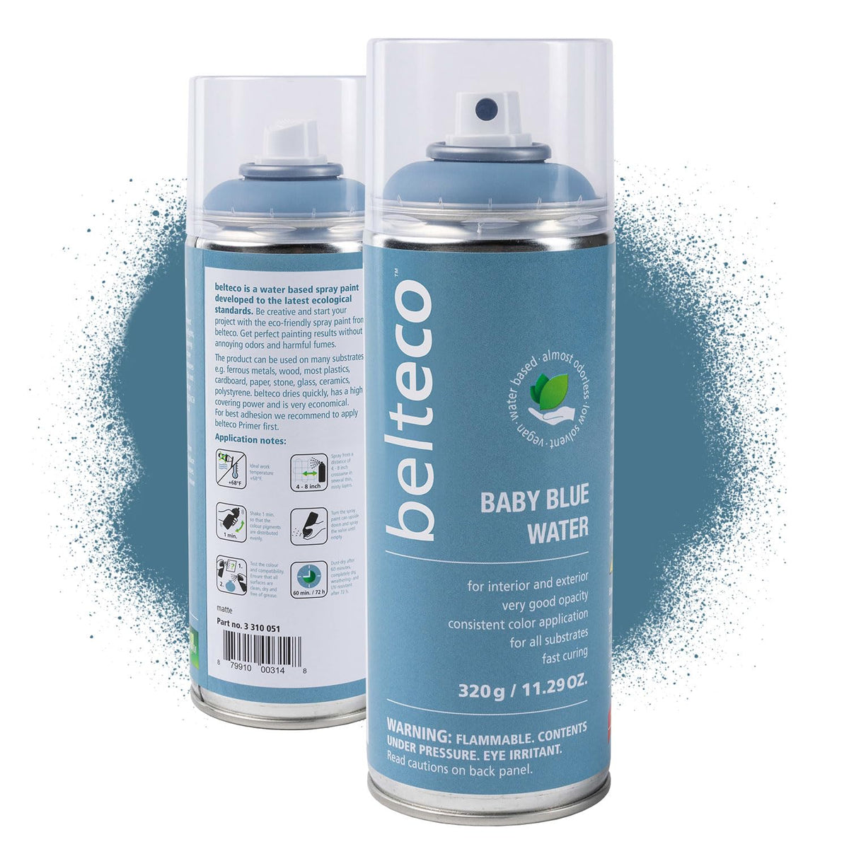 Belteco Baby Blue spray paint can displays vibrant blue for versatile projects indoors or outdoors.