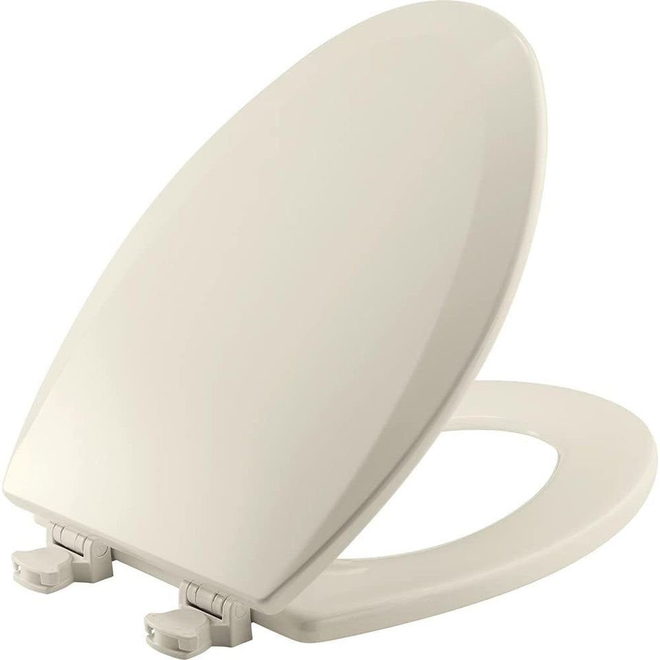 Bemis 1500EC durable wood toilet seat in biscuit finish, front view, built for daily use.