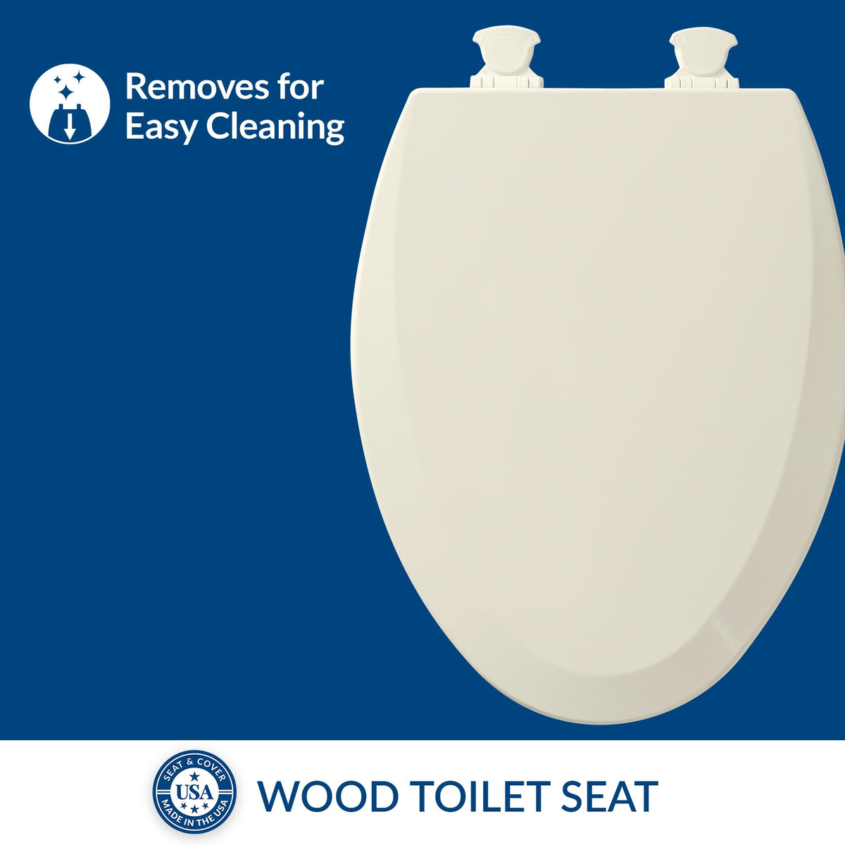 Bemis 1500EC biscuit wood seat with Easy Clean hinges, close-up on easy cleaning access.