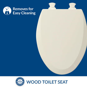 Bemis 1500EC biscuit wood seat with Easy Clean hinges, close-up on easy cleaning access.