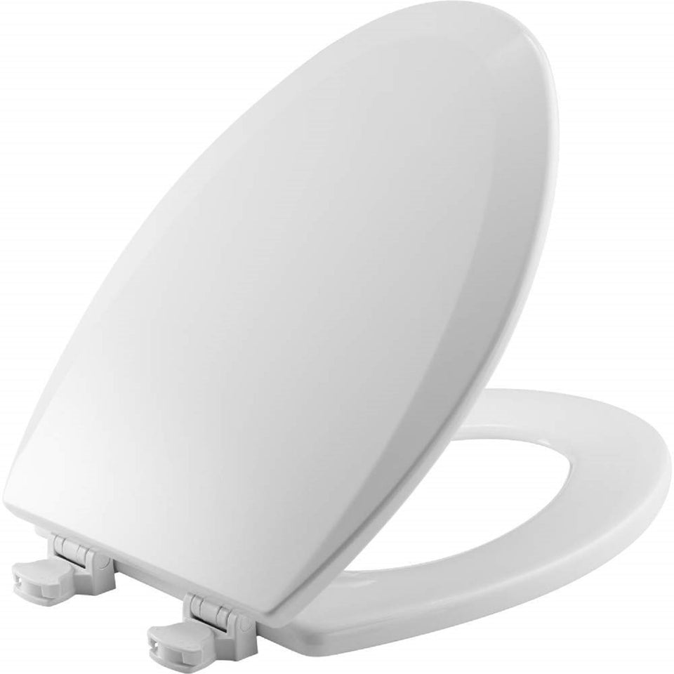 Bemis 1500EC wood elongated seat, cotton white, front view with durable high-gloss finish.