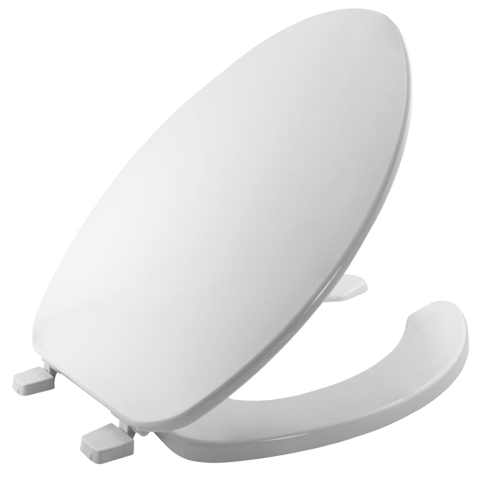 Bemis 175 open-front seat with lid, durable commercial-grade plastic for high-traffic restrooms.