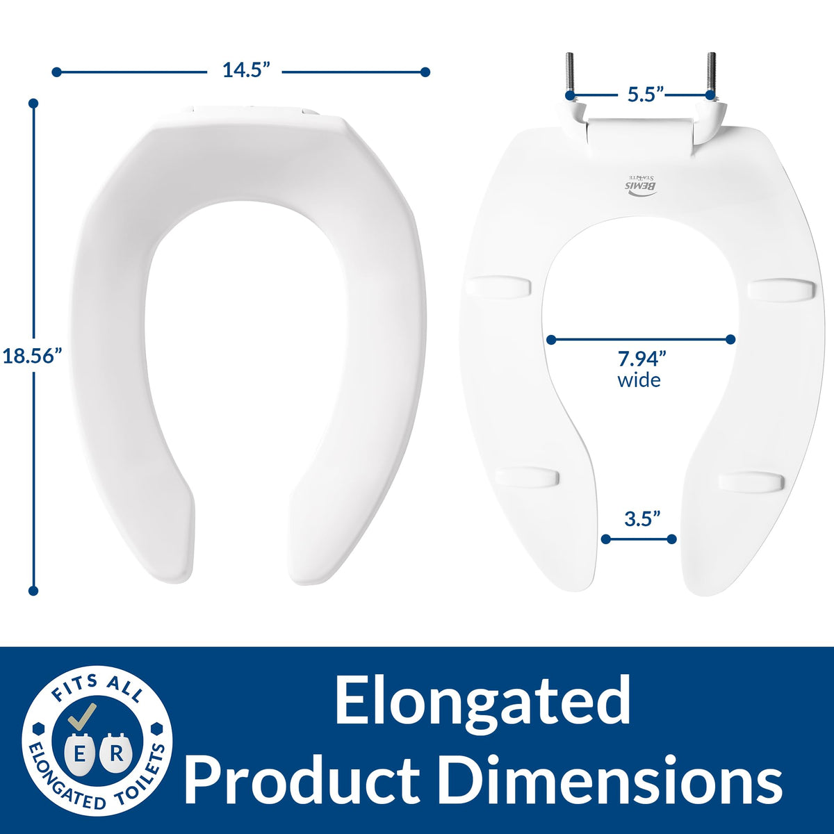 Bemis 1955SSCT elongated white seat ready for installation on commercial bowls.