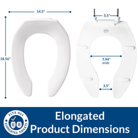 Bemis 1955SSCT elongated white seat ready for installation on commercial bowls.