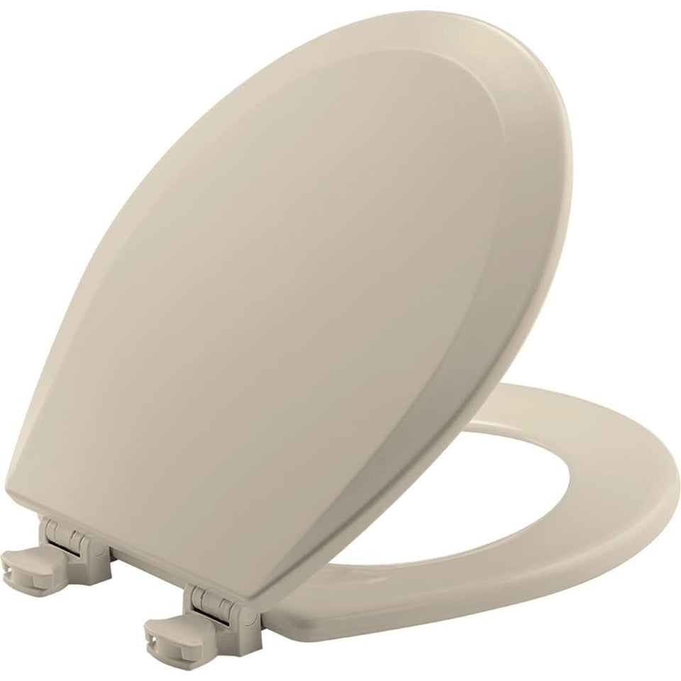 Bemis 500EC round almond toilet seat closed with Easy Clean hinges for convenient cleaning.