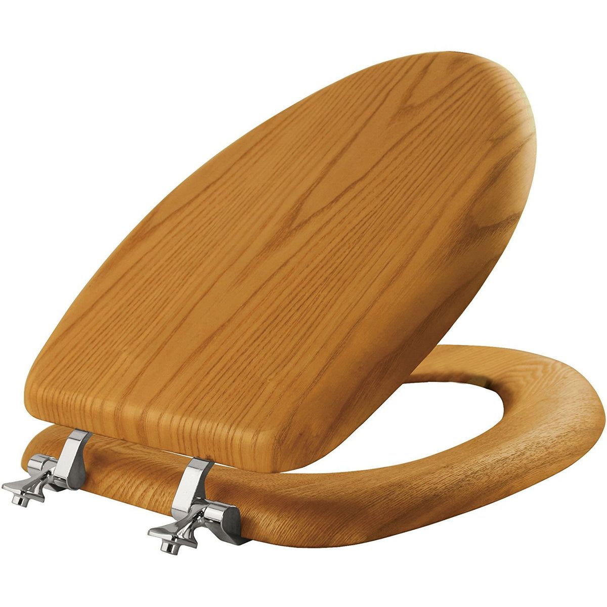 Bemis Mayfair natural oak veneer seat close-up with chrome hinges, built for long-lasting daily use.